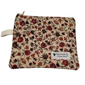 NEW Handmade Wrist Top Zip Pouch Wallet Beige with Brown Orange Floral 5 1/4"x6"
